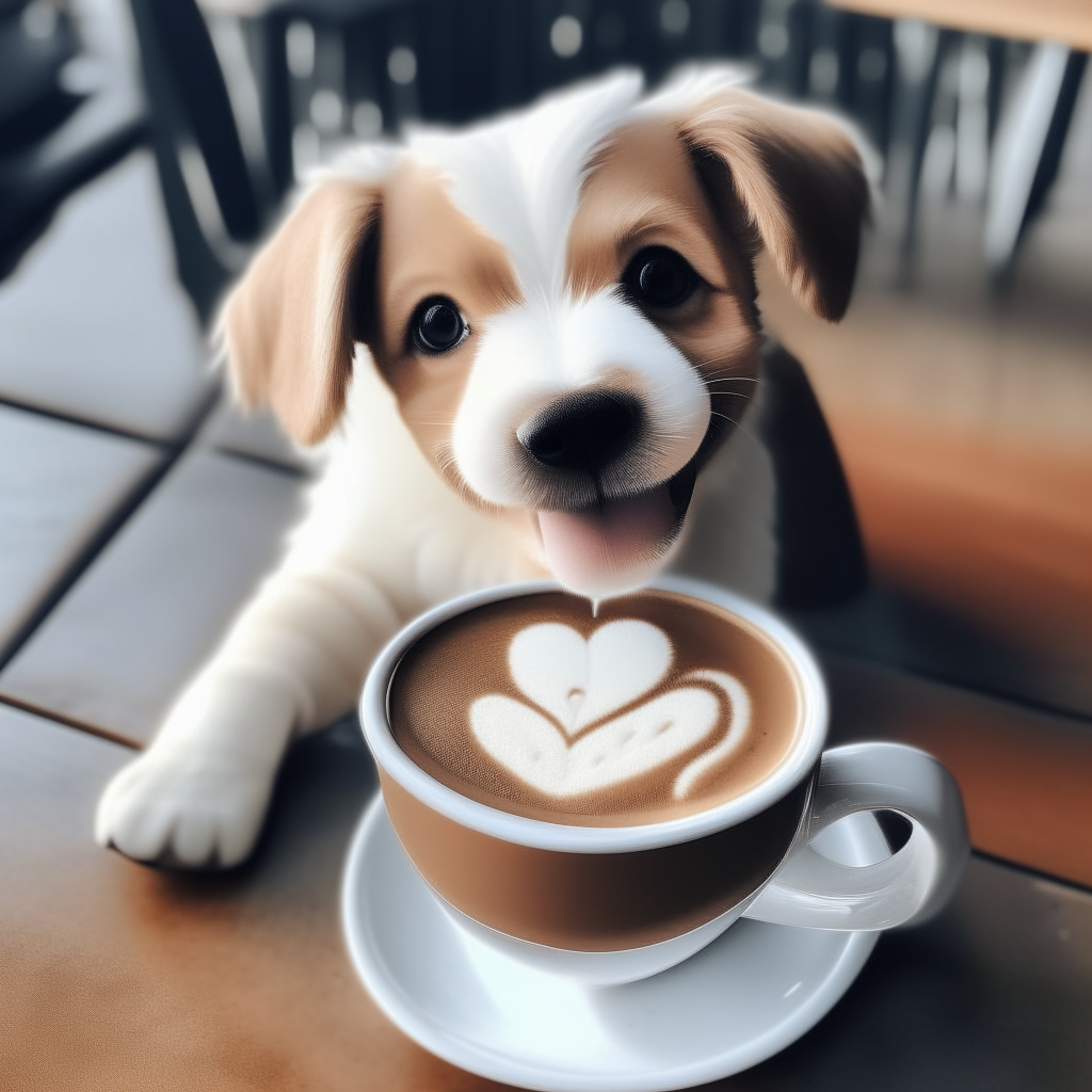 a happy puppy drinking a latte with heart-shaped foam art