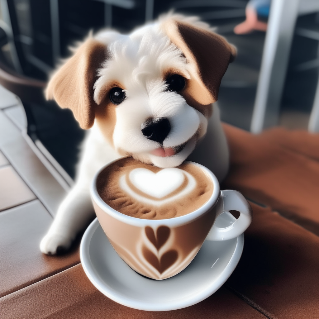 a happy puppy drinking a latte with heart-shaped foam art