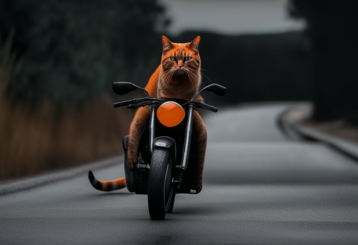 Un gato naranja conduciendo una motocicleta deportiva de color negro a toda velocidad por una carretera rural, con un ratón gris corriendo detrás tratando de alcanzarlo, imagen nítida en alta resolución