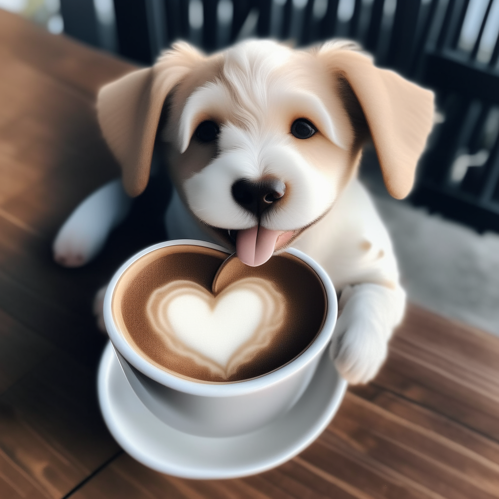 a happy puppy drinking a latte with heart-shaped foam art