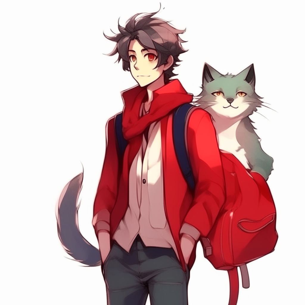 Handsome anime man, with red bag , and beautiful anime cat