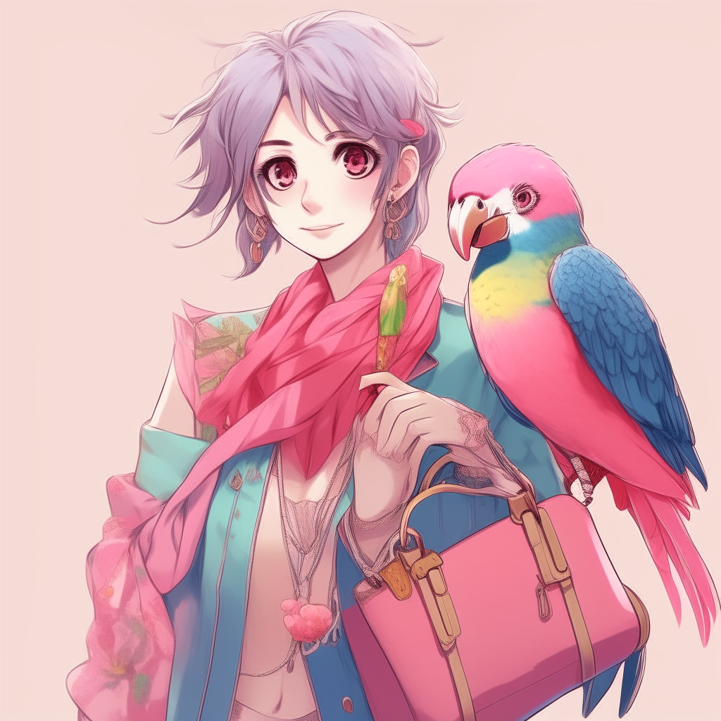 Handsome anime woman, with  pink bag , and beautiful anime parrot 🐦