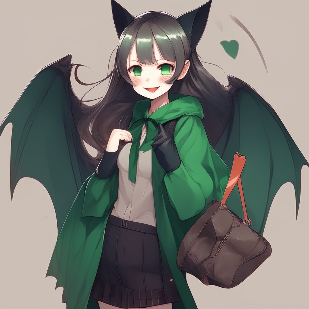 Handsome anime girl , with  green bag , and beautiful anime bat 🦇