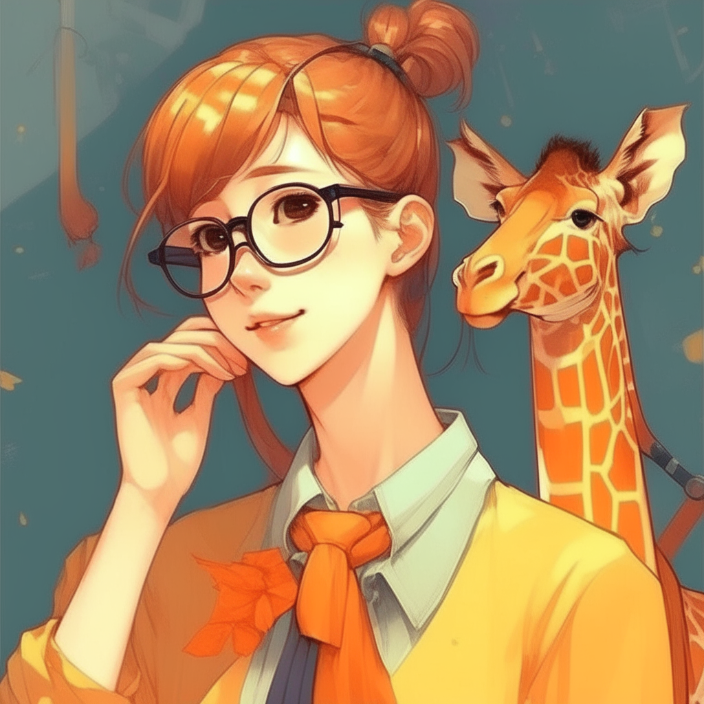 Handsome anime giraffe 🦒 woman with orange colour, and beautiful glasses 🤓