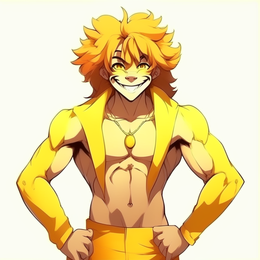 Handsome anime lion man, with strong body , with yellow colour, and smile 