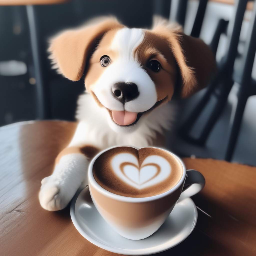 a happy puppy drinking a latte with heart-shaped foam art