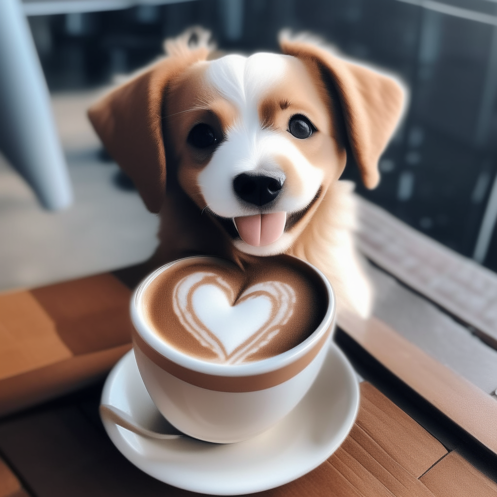 a happy puppy drinking a latte with heart-shaped foam art