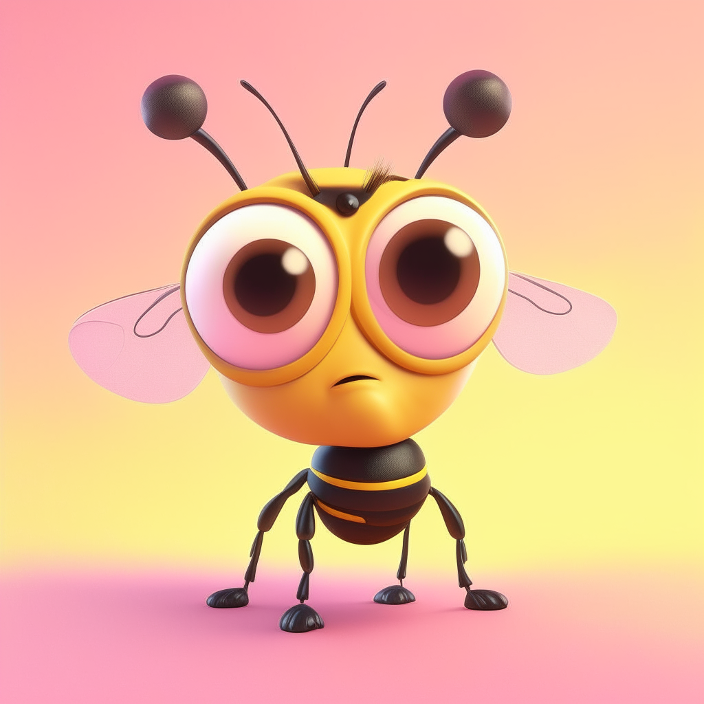 a realistic 3D rendering of a cartoon bee with big anime eyes, set against a soft pink background