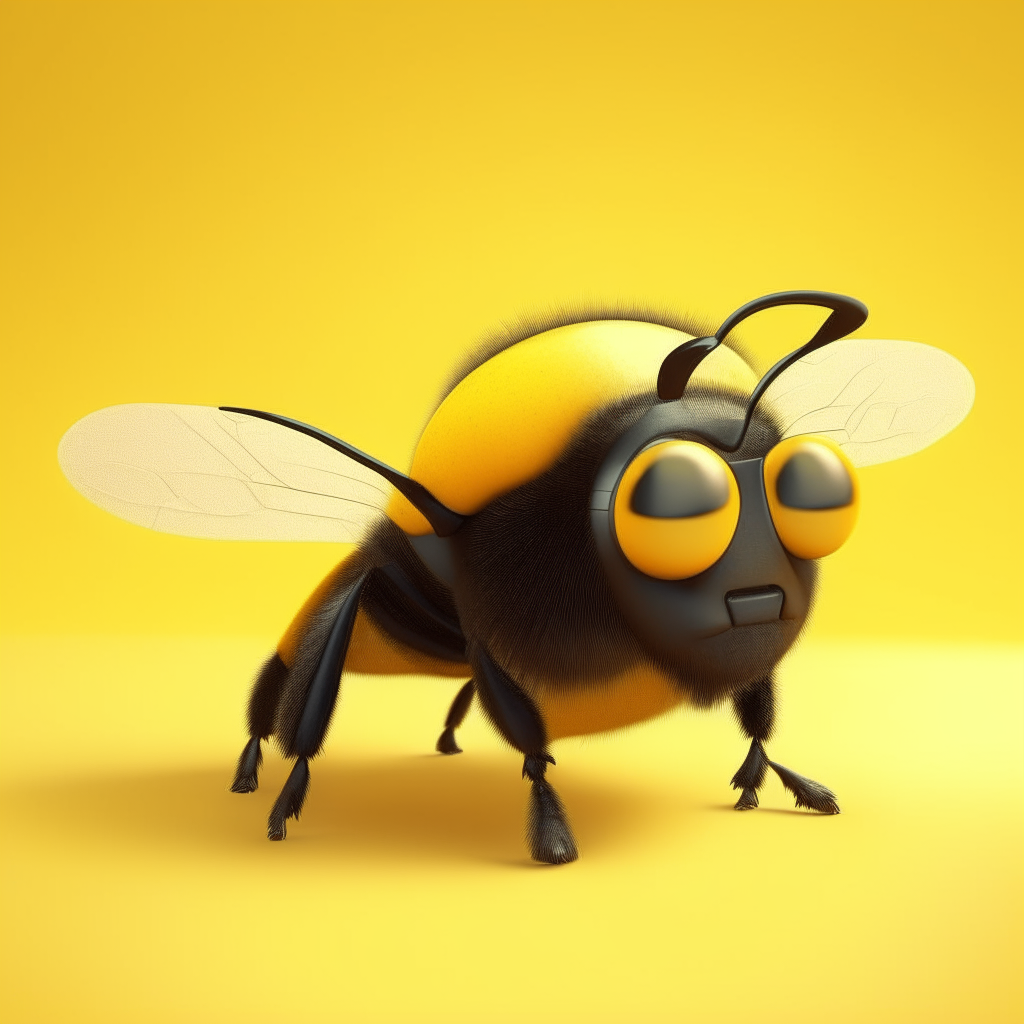 a realistic 3D rendering of a bumblebee with big eyes, set against a soft yellow background