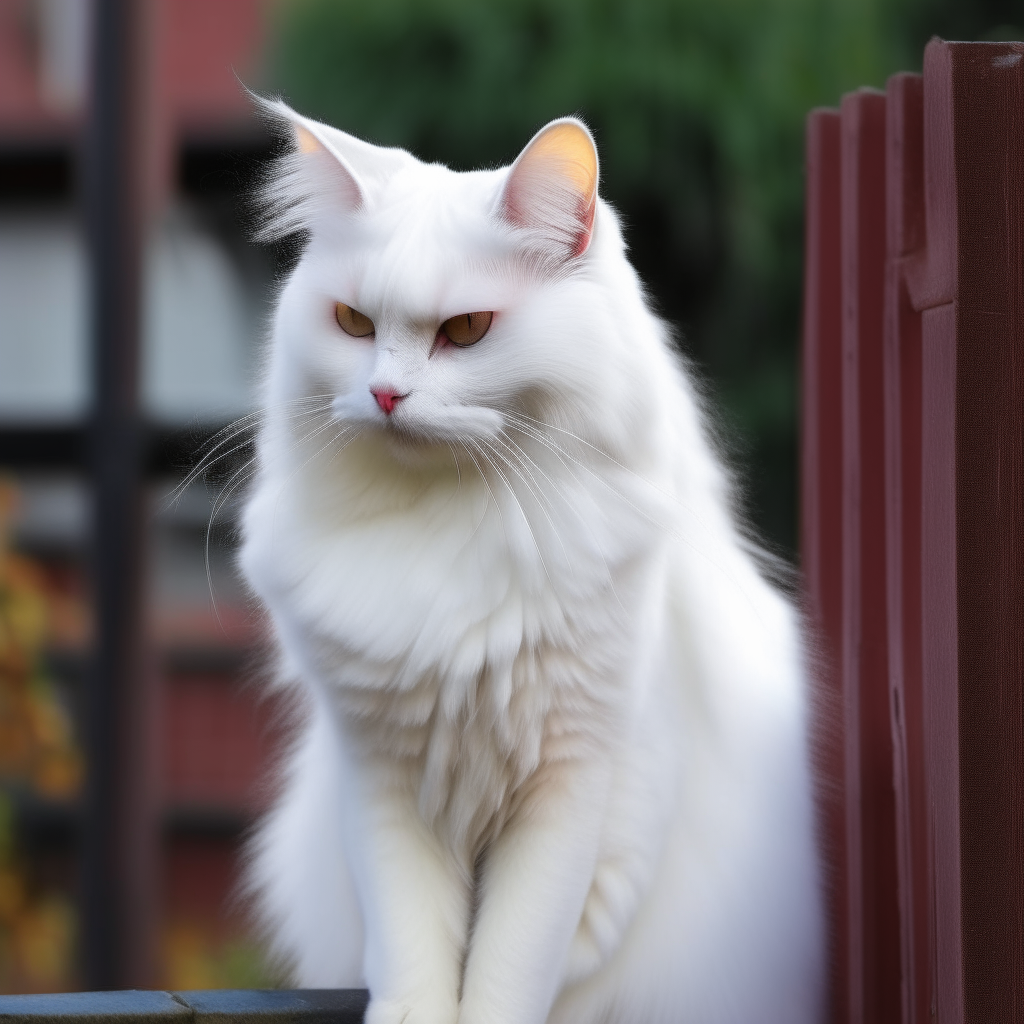 an annoyed white cat sitting on a fence post outdoors, detailed fur, photo