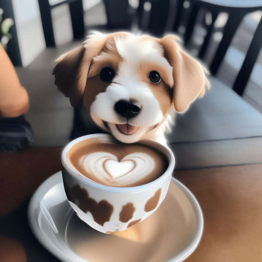 a happy puppy drinking a latte with heart-shaped foam art