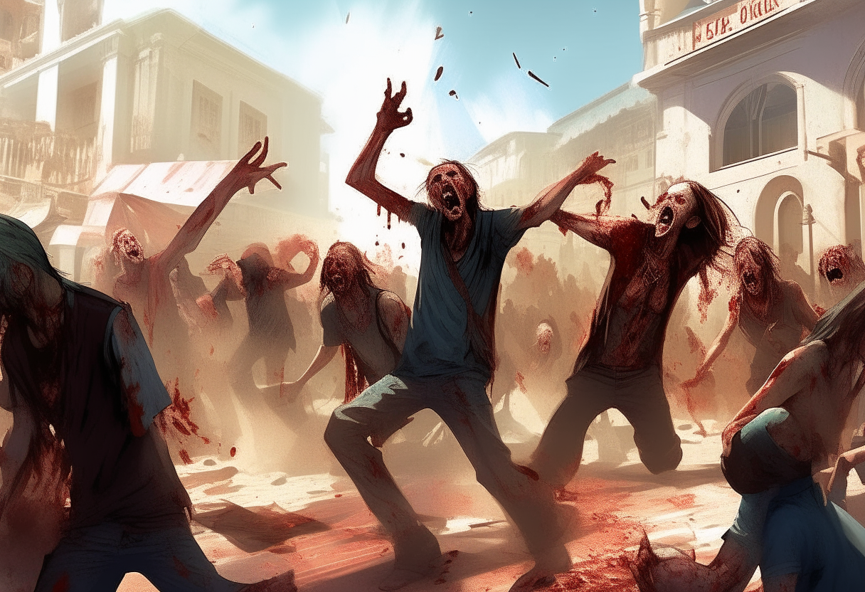 A horde of decaying, bloodied zombies attacking and killing screaming people in a sunny plaza, digital art