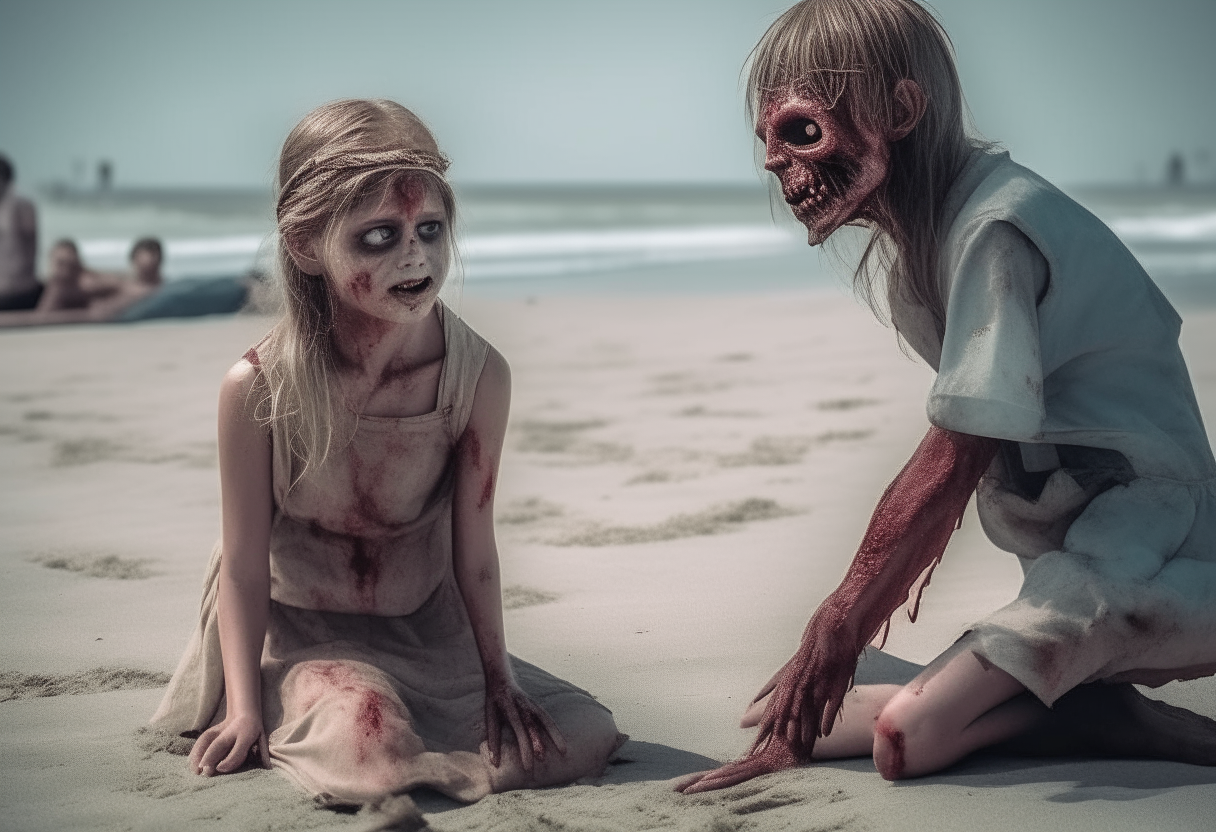 un zombie persiguiendo a una niña en la playa