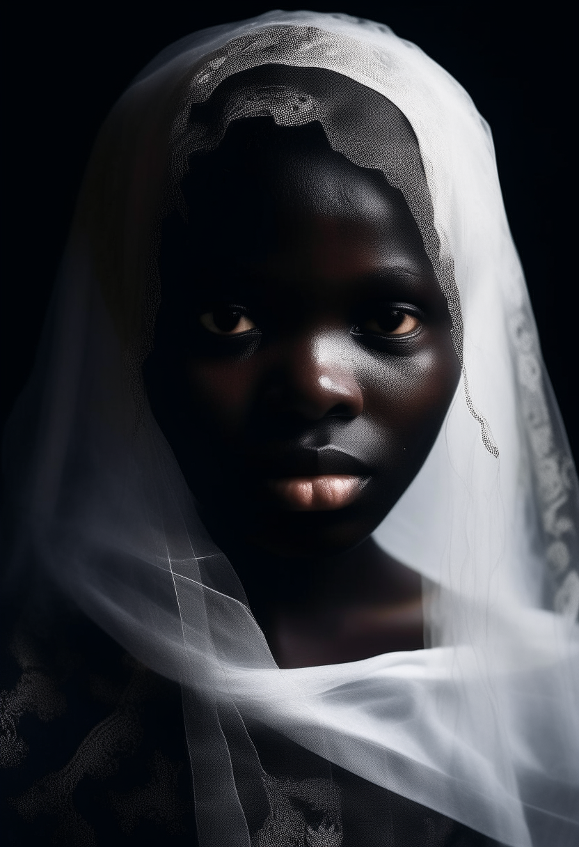 18 years old scary looking Nigerian Yoruba girl on black gown with white  ghostly face.  Face covered with semi transparent veil 