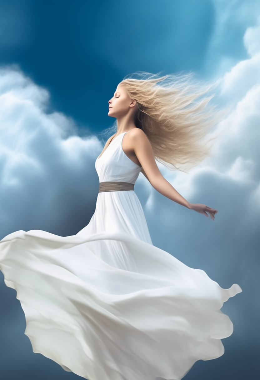 a beautiful young woman with long blonde hair, wearing a flowing white dress, floating gracefully in a blue sky with white clouds behind her, digital art