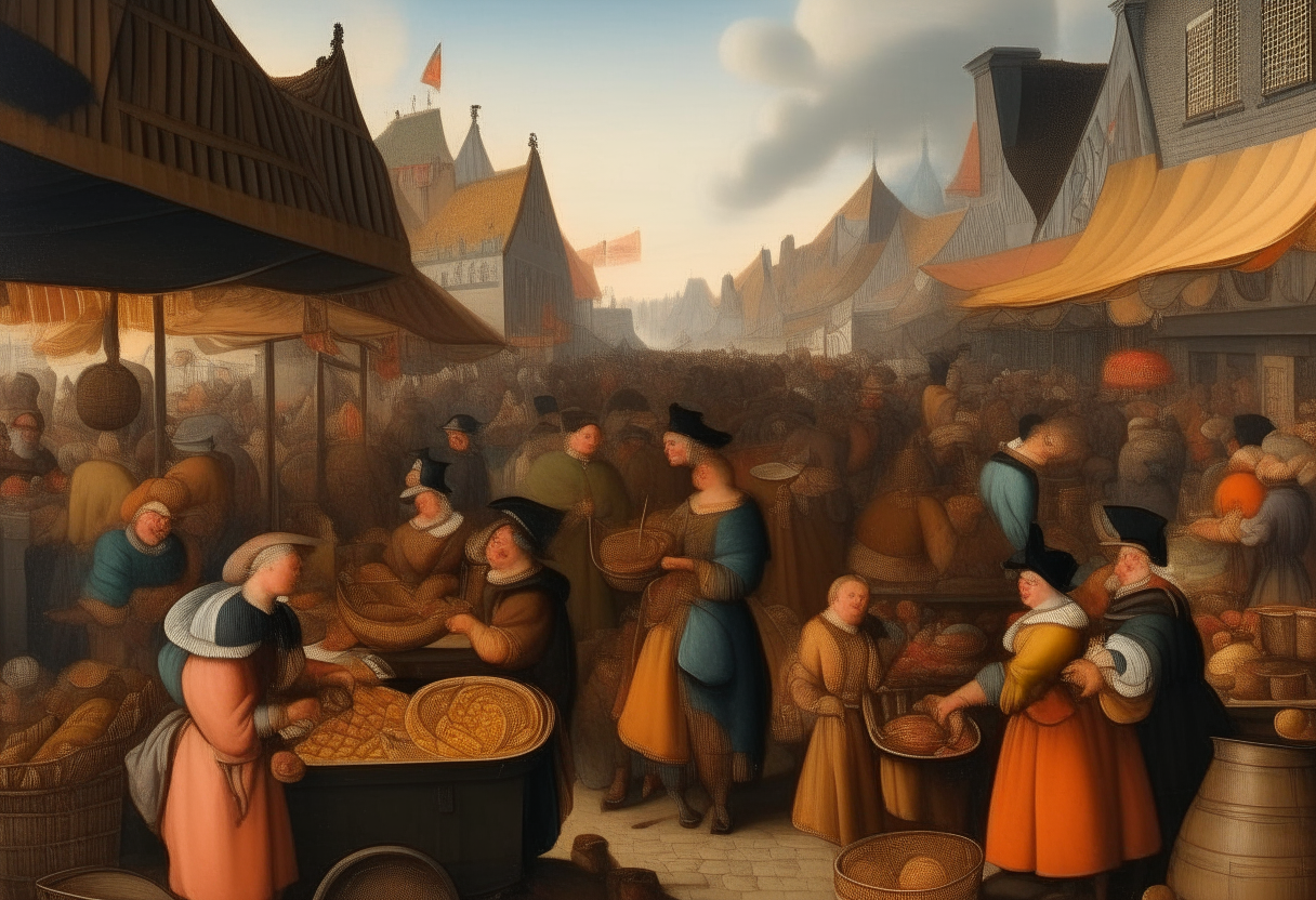 a lively bustling marketplace in the 17th century Netherlands, oil painting by Pieter Aertsen, people buying and selling goods at market stalls under a warm glowing sun