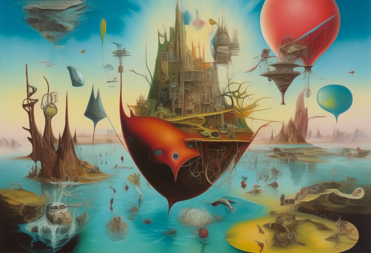 a surrealist painting with floating islands, bizarre creatures, distorted perspectives, intricate details and vibrant colors in the style of Salvador Dali and Max Ernst