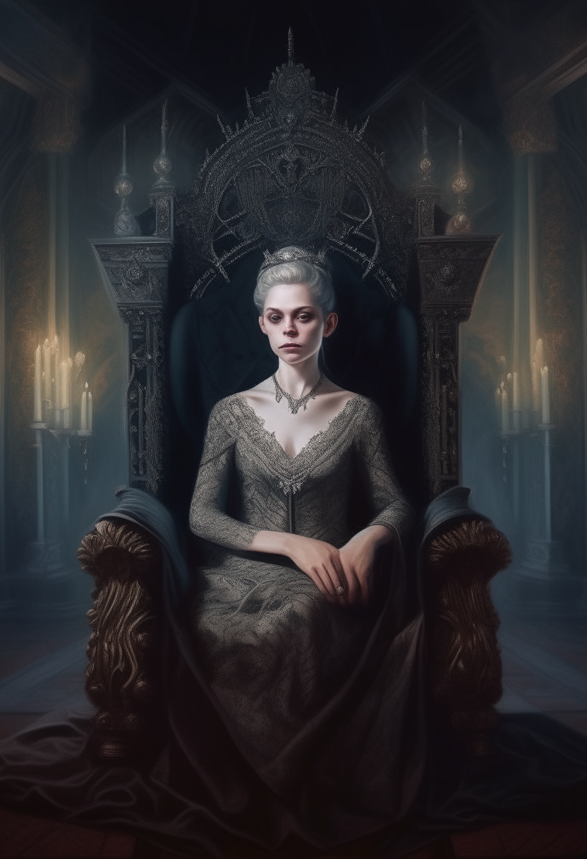 a portrait painting of a mysterious woman with pale skin sitting in an ornate gothic throne room, with subtle magical realism elements, dark Baroque lighting and dramatic style