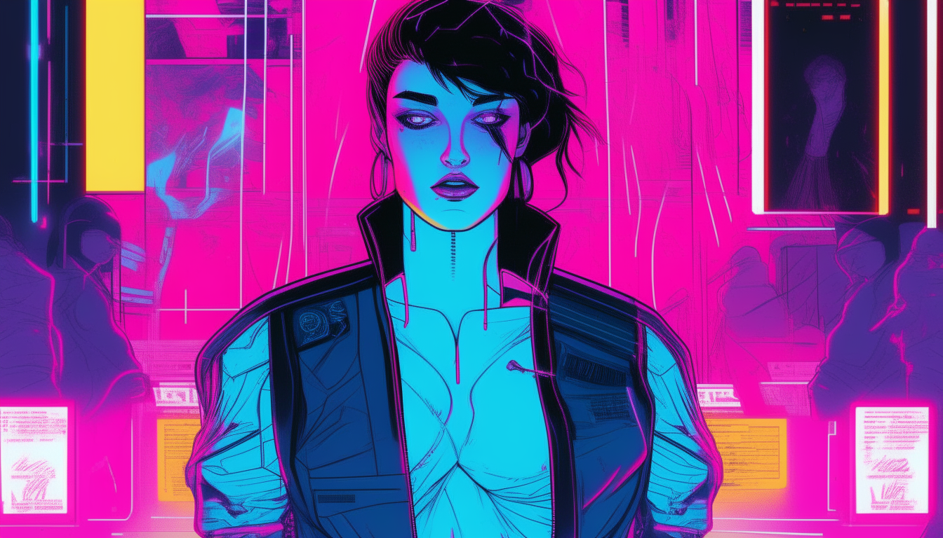 A graphic novel page with white borders, rectangular text boxes with cyberpunk font, and bright neon pink and blue colors in an 80's retro vaporwave style. There is a central figure of a female vampire with pale skin, glowing eyes, and neon clothing.