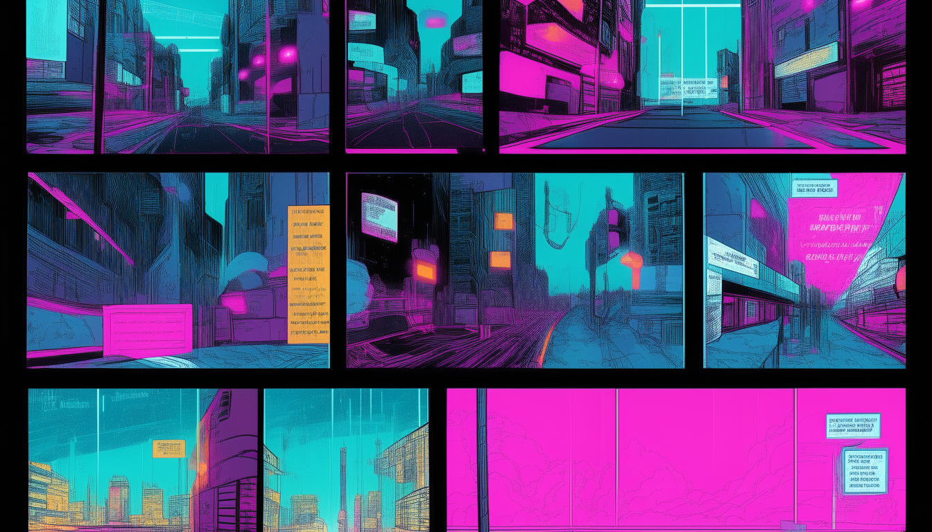 A graphic novel page with white borders, rectangular text boxes with cyberpunk font, and bright neon pink and blue colors in an 80's retro vaporwave style.