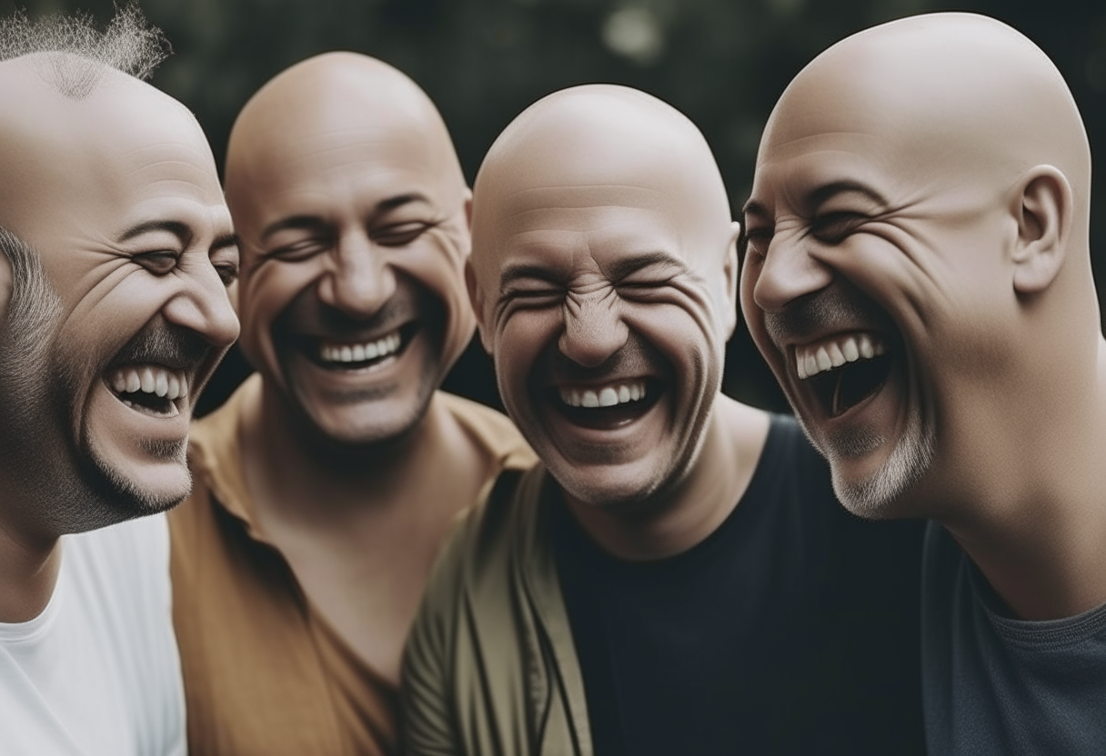 a group of bald men smiling and laughing together