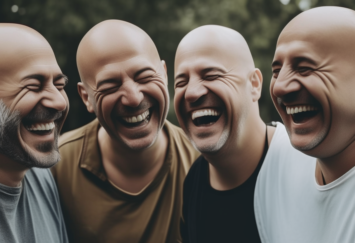 a group of bald men smiling and laughing together