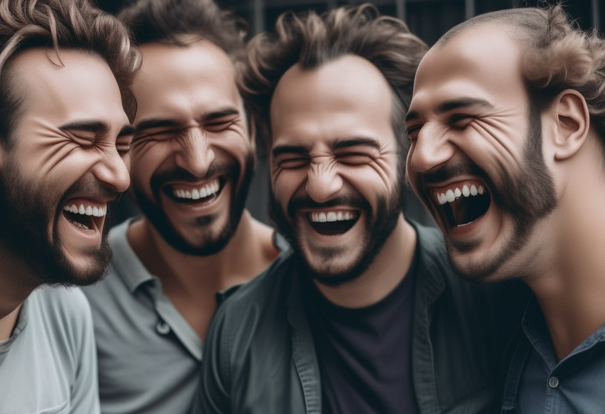 a group of men with hair smiling and laughing together