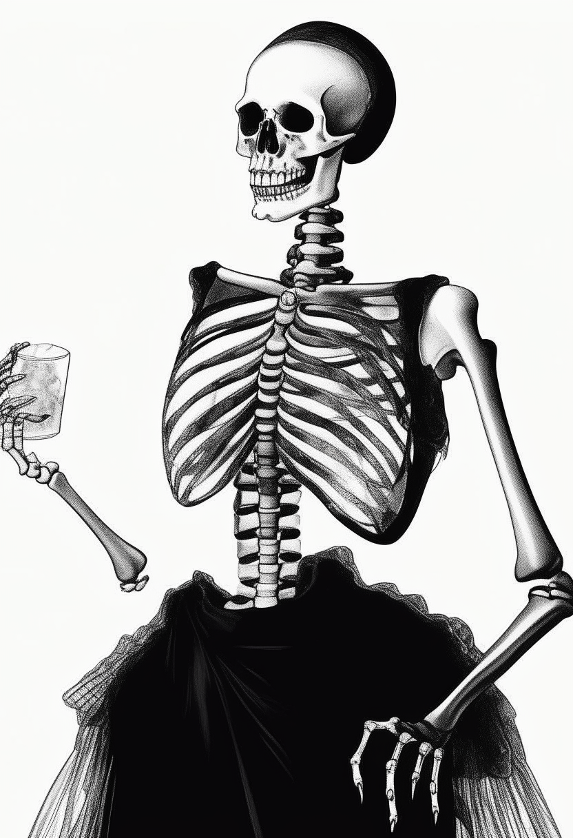 beautiful high contrast black and white fashion illustration of a female skeleton in a vintage 1950s style wearing an elegant dress