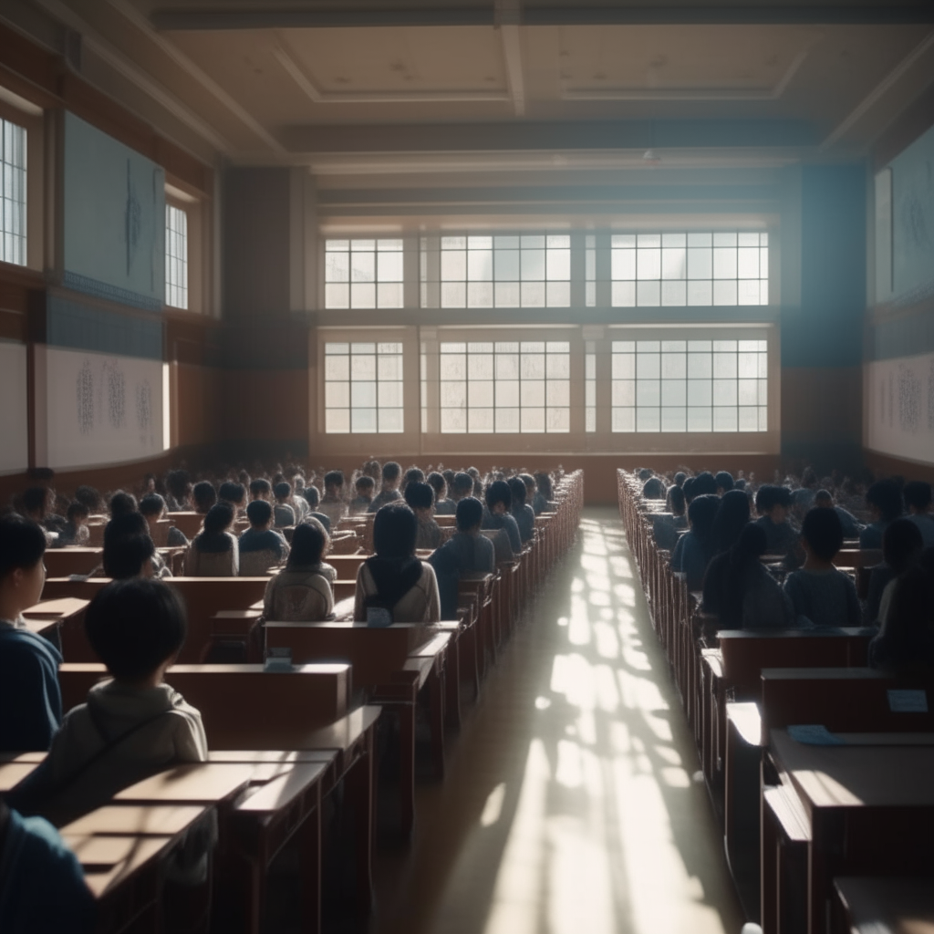 a large school auditorium filled with chinese students listening to an expert lecturer, bright noon sunlight streaming in through the windows, 4k highly detailed photo