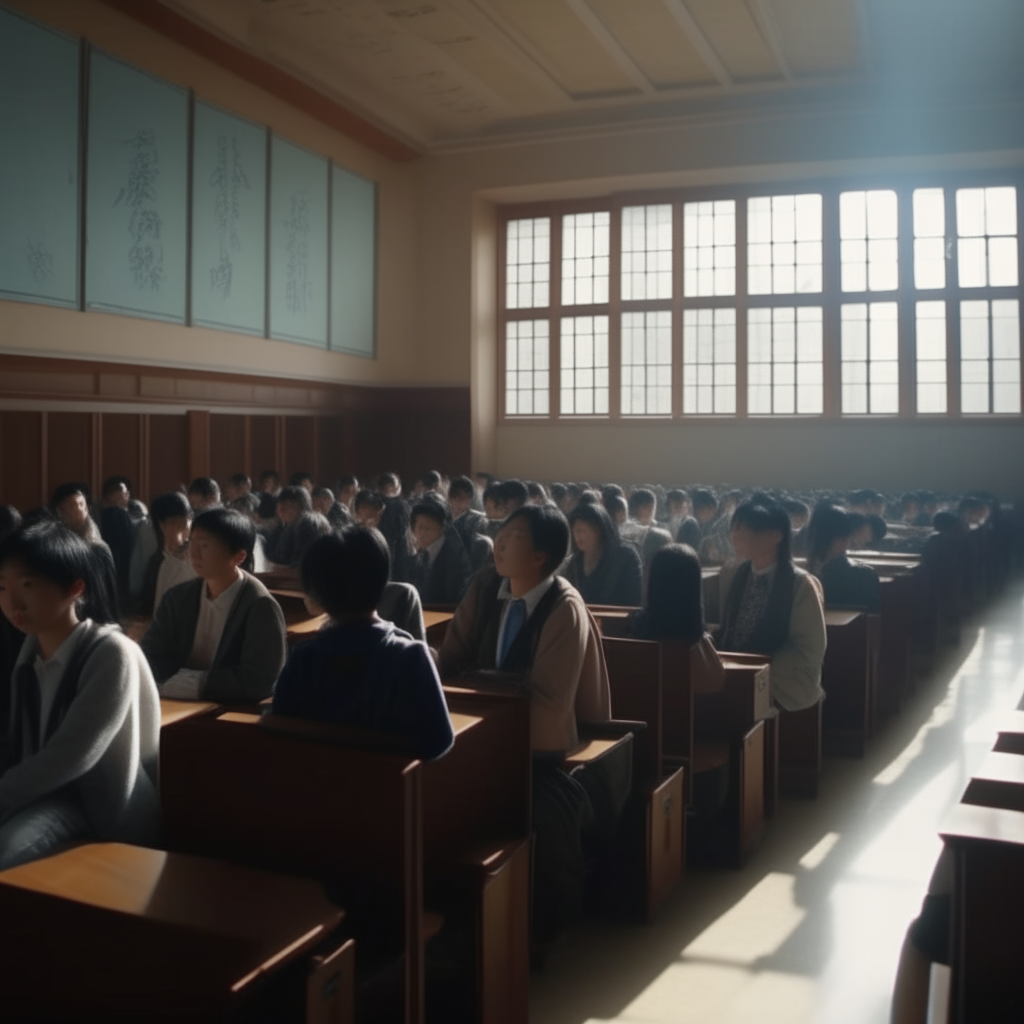 a large school auditorium filled with chinese students facing forward and listening intently to an expert lecturer, bright vibrant noon sunlight streaming in through the windows, 4k highly detailed photo