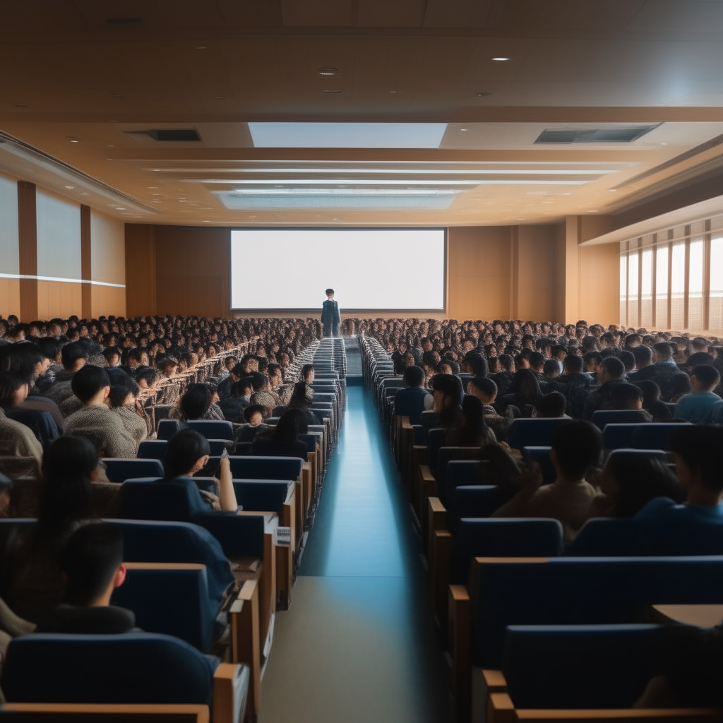 a large chinese school auditorium filled with students facing forward, photographed from the front left side showing the expert lecturer at the podium and the full audience, bright vibrant lighting streaming through windows, 4k panoramic photo