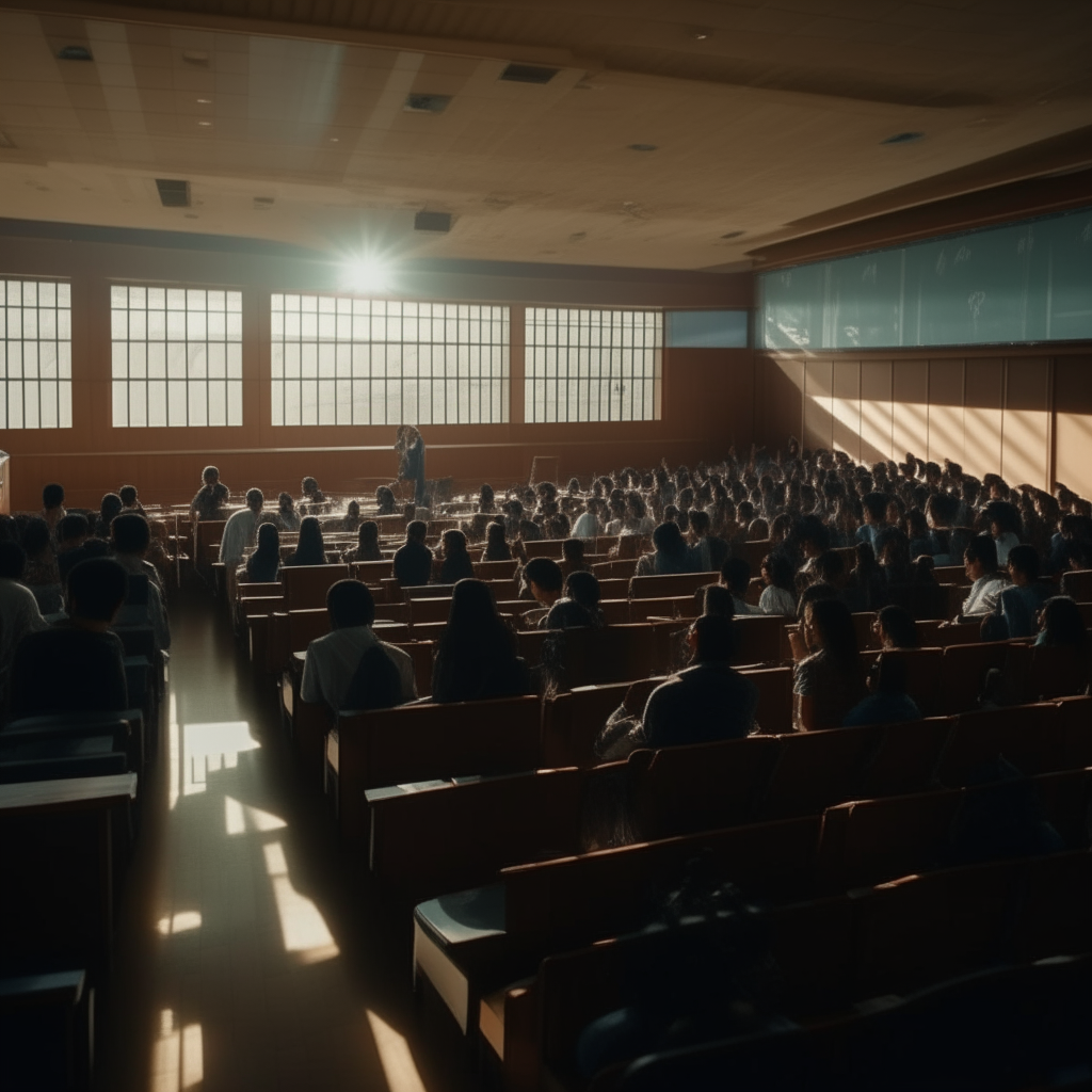 a wide view of a large chinese school auditorium filled with students, photographed from the right side of the stage showing the expert lecturer and the full youthful audience bathed in bright sunlight streaming through windows, 4k highly detailed image