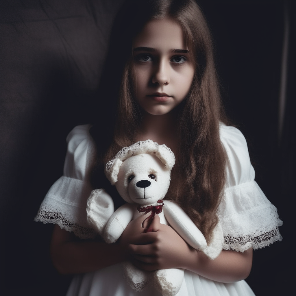 girl wearing white blood dress holding a teddybear arms cross staring at camera