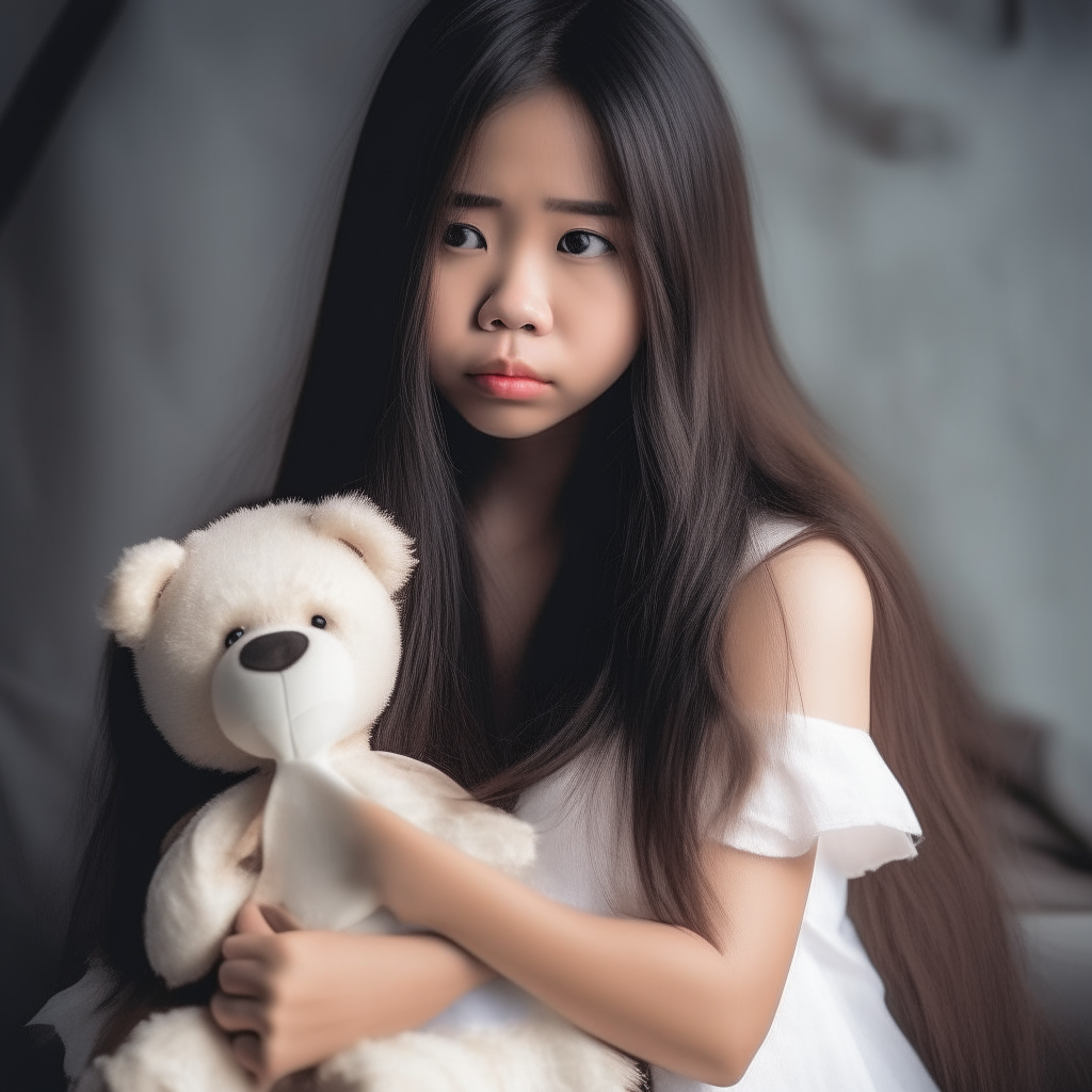 Asian Girl with white dress dirty face long hair holding a teddy bear against her chest