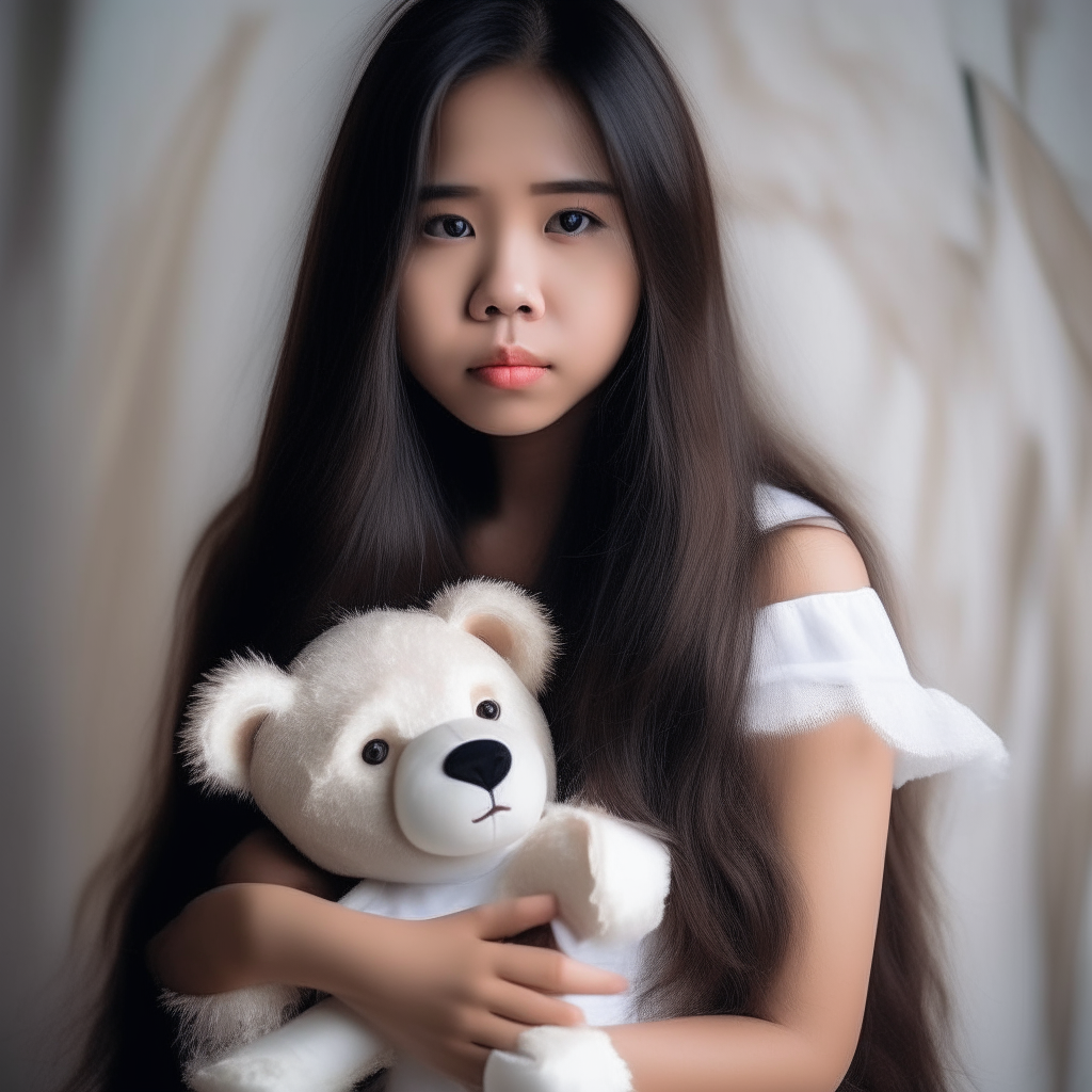 Asian Girl with white dress dirty face long hair holding a teddy bear against her chest facing camera 17 years old