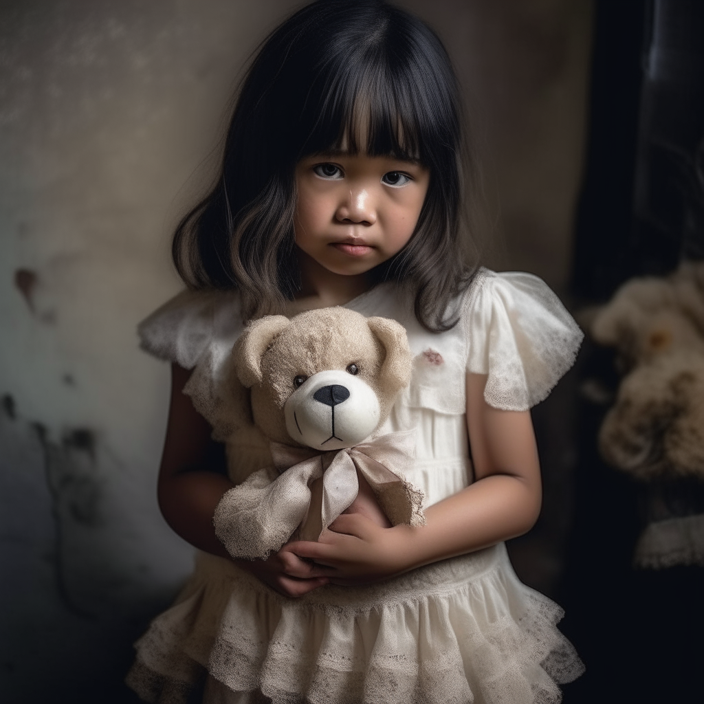 Asian girl dirty white dress holding teddy bear  frill dress staring at camera