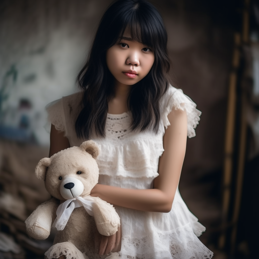 Asian girl dirty white dress holding teddy bear  frill dress staring at camera 19 years old