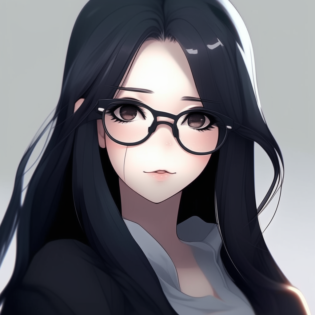 Create me New character anime of the game, long black hair , black glasses 🤓, tall, pretty, 