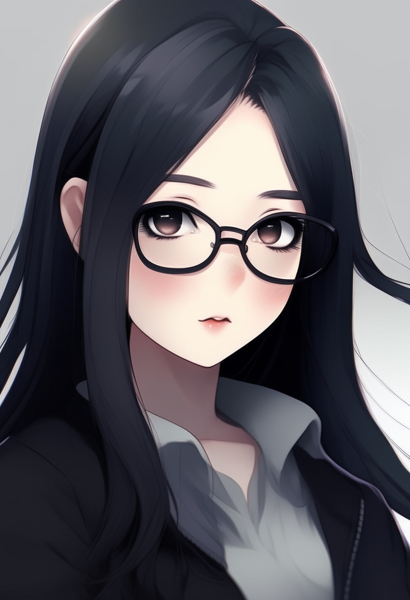 Create me New character anime of the game, long black hair , black glasses 🤓, tall, pretty, 