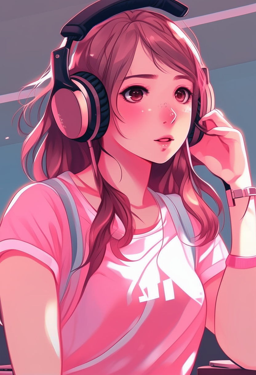 Create me skirl anime, girl do sport in the gym, pink colour, earphones 🎧
