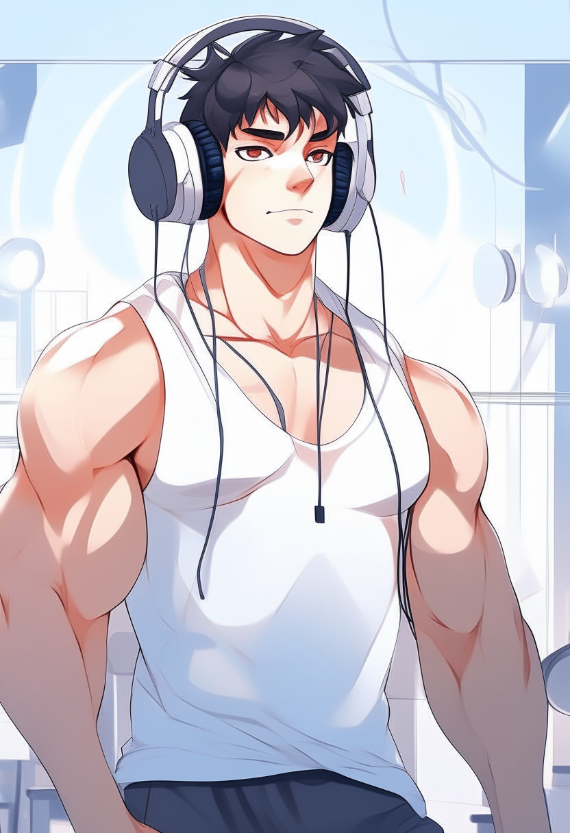 Create me skirl anime,  man do sport in the gym, 
white  colour, earphones 🎧, strong

