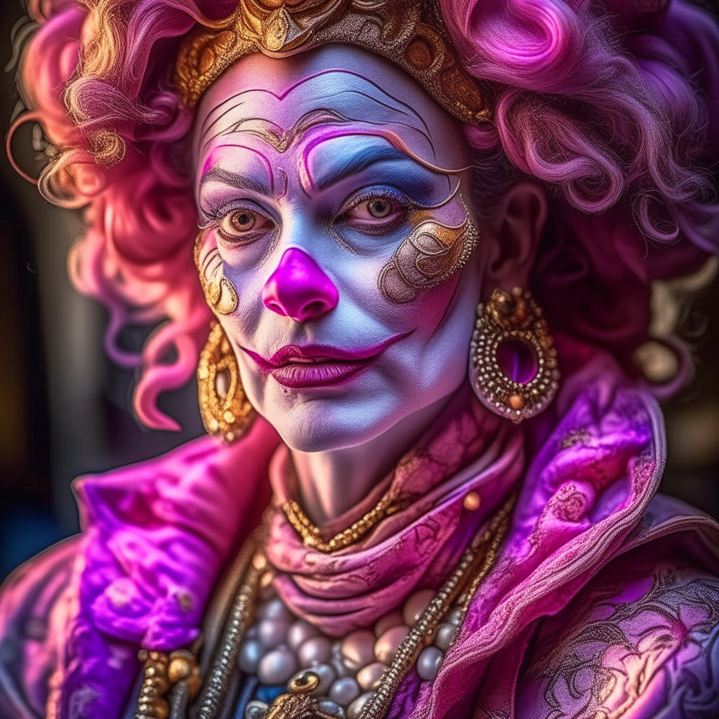 Epic portrait of tVenetian Harlequin Female Clown in Pastels and gold intricate embellishments and geometric patterns and designs , (high definition)++, photography, cinematic, detailed character portrait,  ++detailed and intricate environment, strong breeze, (nevus under left eye)++, detailed and intricate environment