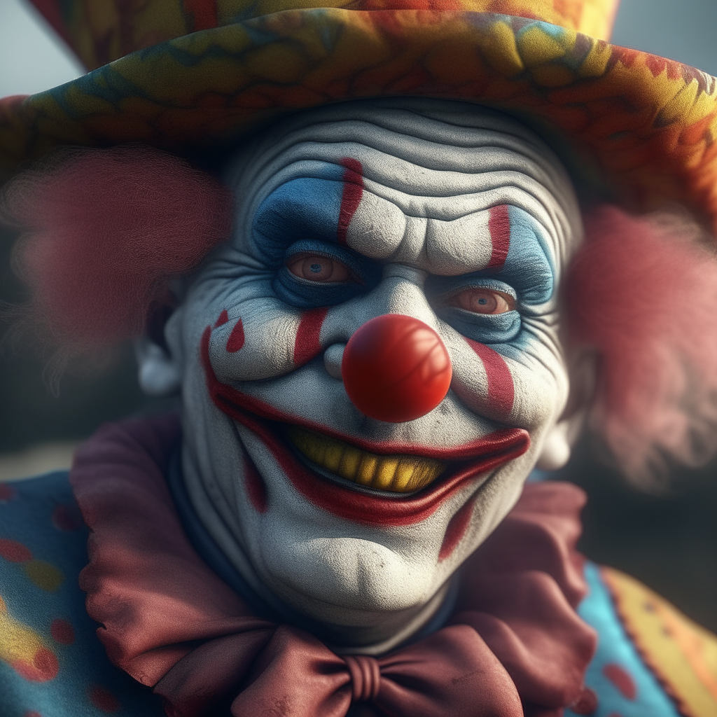 A clown, (intricate skin texture, hyperrealistic textures, insane details, photorealistic, high definition photo, portrait lens), ((perfect composition, an object is in the centre of the image, masterpiece, expert, trending on artstation)), (haze, cinematic light, volumetric lighting, vibrant colours), ((outdoors, sunny, a gorgeous landscape on the background)). sage, candid street portrait