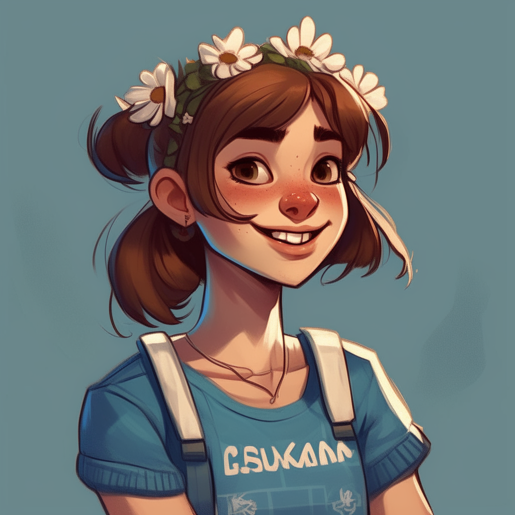 a new and unique character design of a "beautiful hooligan girl", a waist portrait, a blue T-shirt, jeans, straight short brown hair with trimmed bangs,
freckles, a flower crown, mouth slightly open, white teeth are visible, the tip of the tongue is visible, "the tip of the tongue on the upper lip" - a girl tease,
a girl looks like Agnia Ditkovskite, wallpaper background on the wall, digital illustration, backlighting from above,photorealism style, 8k