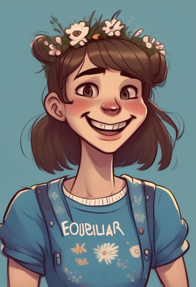 a new and unique character design of a "beautiful hooligan girl", a knee-length portrait, a blue T-shirt, jeans, straight short brown hair with trimmed bangs, hands in pockets,
freckles, a flower crown, mouth slightly open, white teeth are visible, the tip of the tongue is visible, "the tip of the tongue on the upper lip" - a girl teasing,
digital illustration, top illumination,photorealism style, 8k