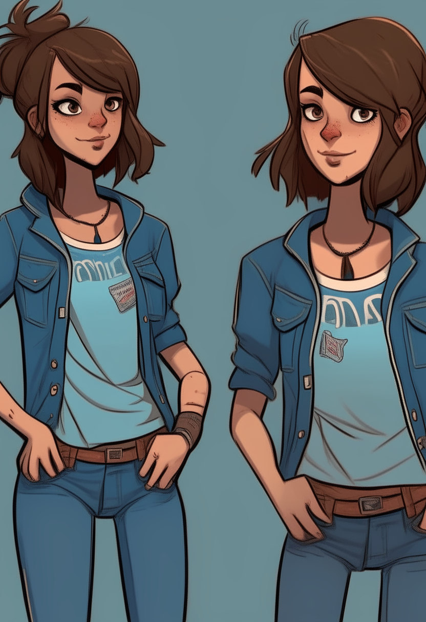 a new and unique character design of a "beautiful hooligan girl", a knee-length portrait, a blue T-shirt, jeans, straight short brown hair with trimmed bangs, a new and unique character design of a "beautiful hooligan girl", (full-length portrait), blue T-shirt, jeans, straight short brown hair with trimmed bangs, hands in pockets,
freckles, flower crown, mouth slightly open, white teeth visible, tip of tongue visible, "tip of tongue on upper lip" - girl tease,
digital illustration, top illumination,photorealism style, 8k