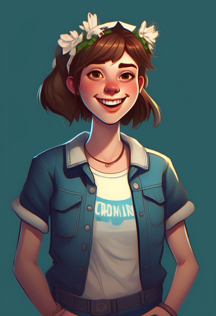 a new and unique character design of a "beautiful hooligan girl", (full-length portrait), blue T-shirt, jeans, straight short brown hair with trimmed bangs, hands in pockets,
freckles, flower crown, mouth slightly open, white teeth visible, tip of tongue visible, "tip of tongue on upper lip" - girl tease,
digital illustration, top illumination,photorealism style, 8k