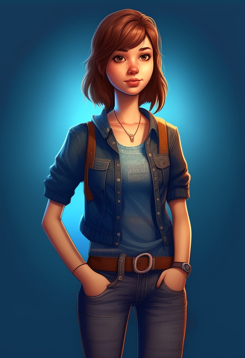 a new and unique design of the "beautiful girl" character, (full-length portrait), blue T-shirt, jeans, straight short brown hair with trimmed bangs, hands in pockets,

digital illustration, backlit top,steampunk 8k style