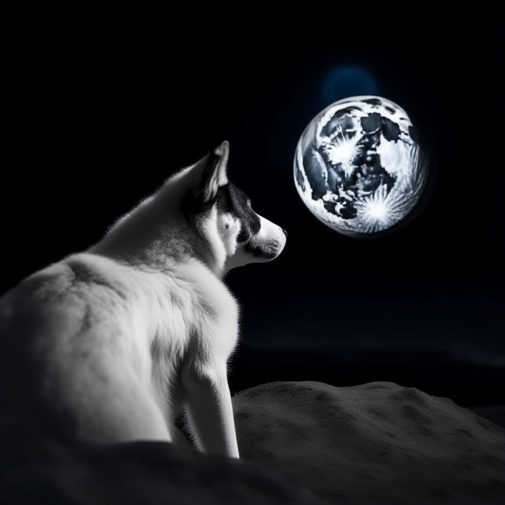 un perro sentado en la superficie de la luna, mirando la tierra un perro blanco y negro sentado en la superficie gris de la luna, con la tierra azul en el fondo