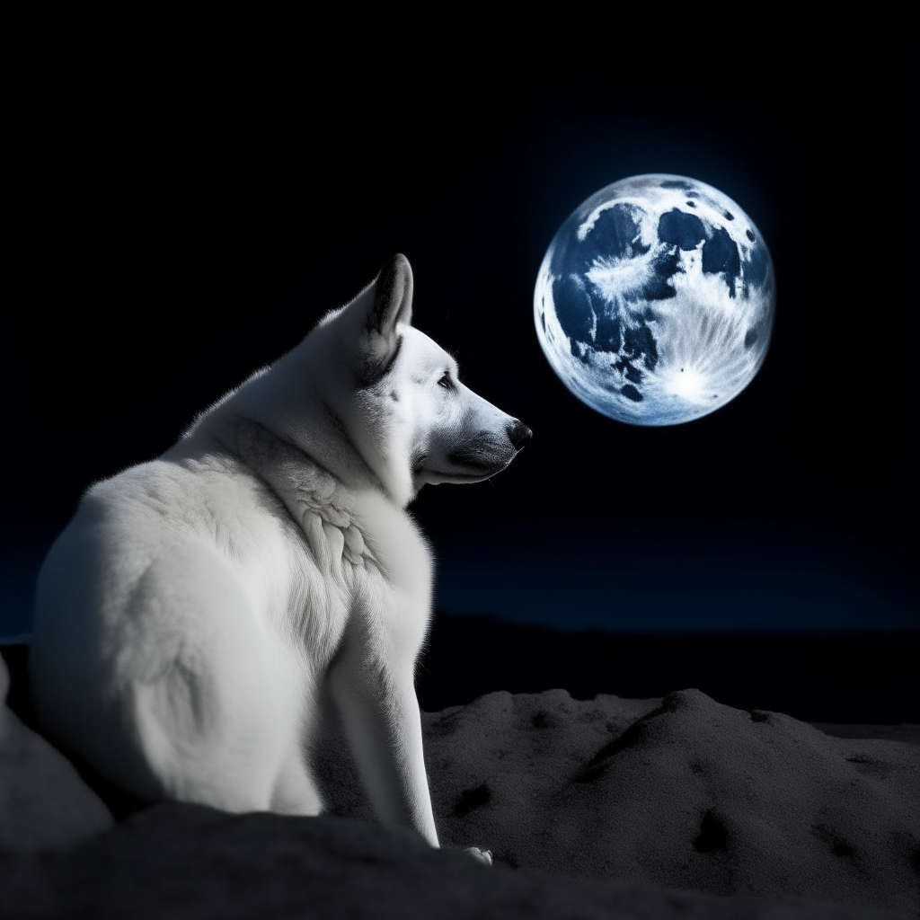 un perro blanco y negro posando en la superficie gris de la luna, con la tierra azul en el fondo